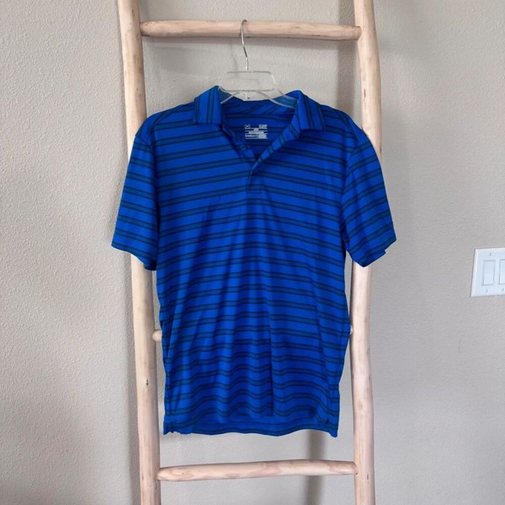 Men’s Black and Blue Striped Under Armor Activewear Polo